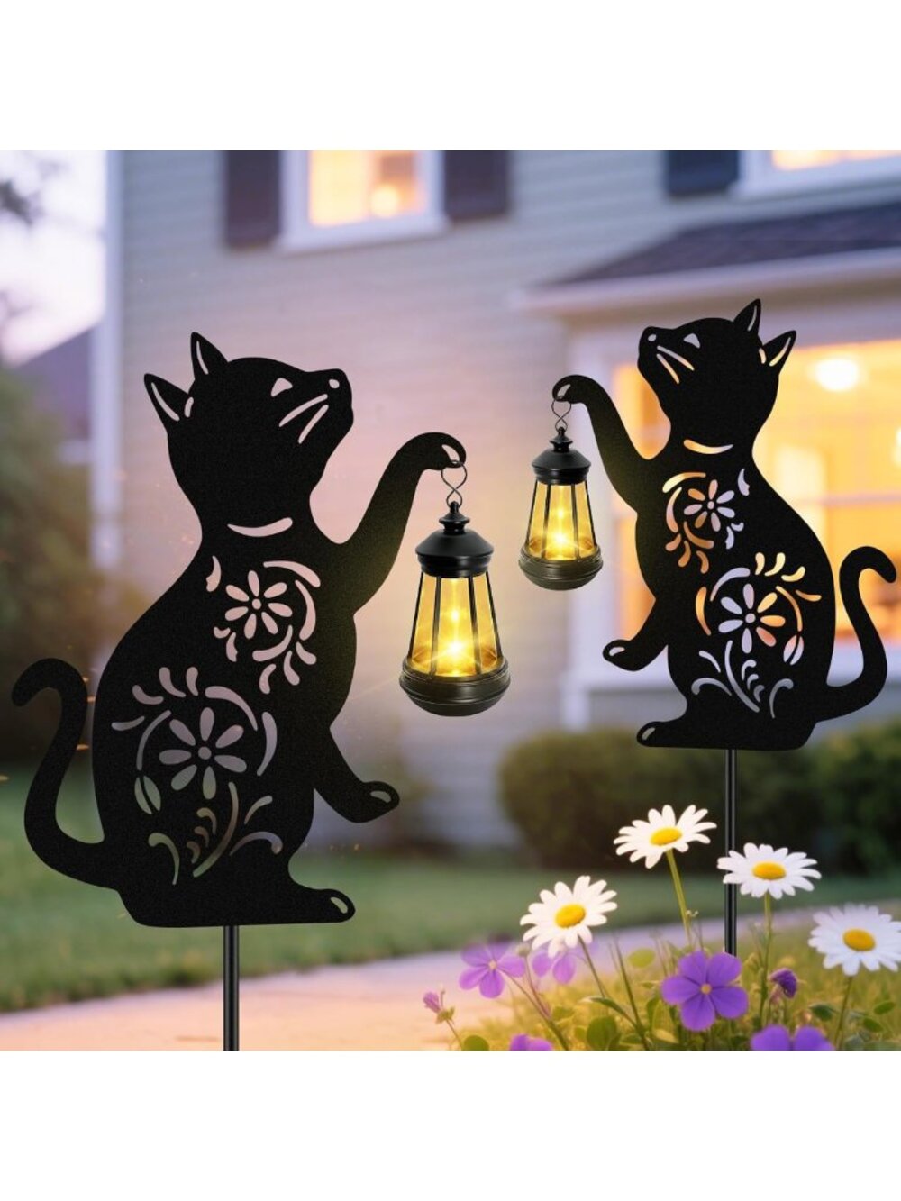 2 Pack Solar Cat Lanterns - Waterproof Outdoor Lights for Cat Lovers, Garden